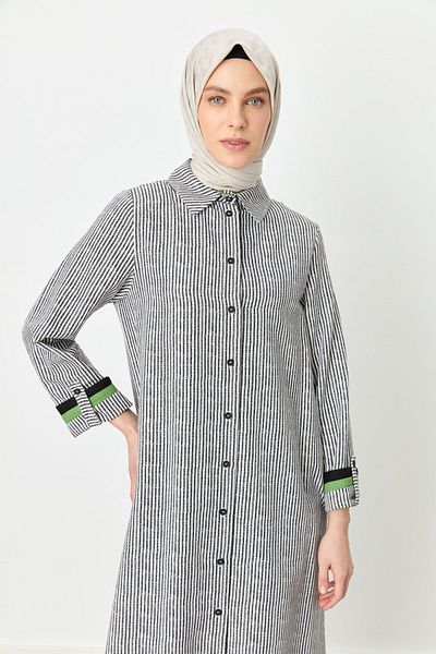 Nihan Shirt Collar Striped Tunic Black