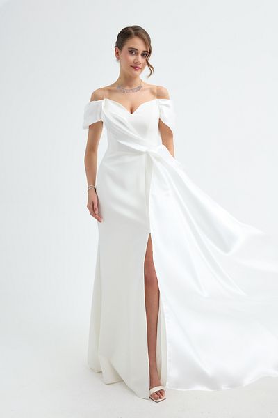 Lafaba Women's White Boat Neck Long Evening Dress with Train