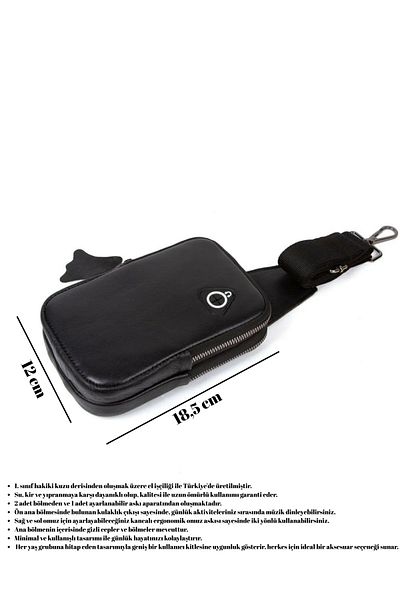 Newish Polo Geantă neagră din piele naturală pentru corp cu mufă pentru căști
