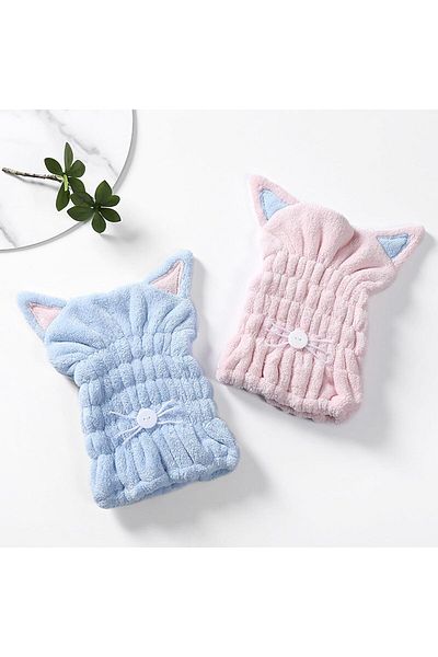 fulina 2 Pcs Hair Quick Drying Towel,Cute Kitty Ears,Elastic Band Design,for Various Head Sizes
