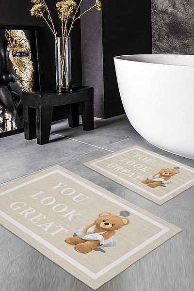 Evmila Teddy Bear Patterned Set of 2 Non-Slip Bath Mats