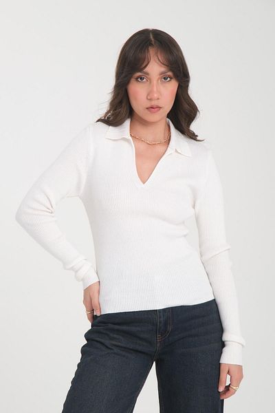 SHERIN Ecru Polo Collar Sweater