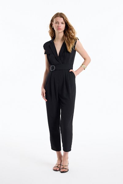 Quzu Double Breasted Collar Belted Long Jumpsuit Black