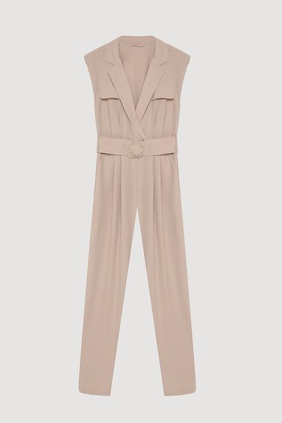 Quzu Double Breasted Collar Belted Long Jumpsuit Stone
