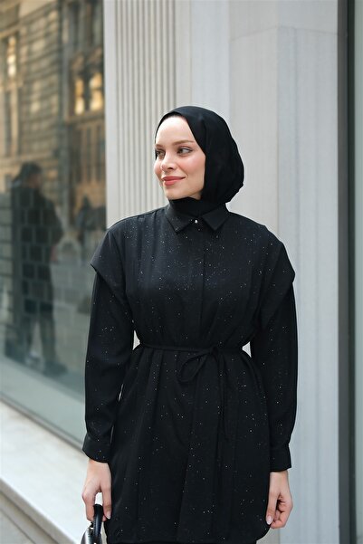 LOCCO Women's Black Viscose Shirt with Glitter Pattern