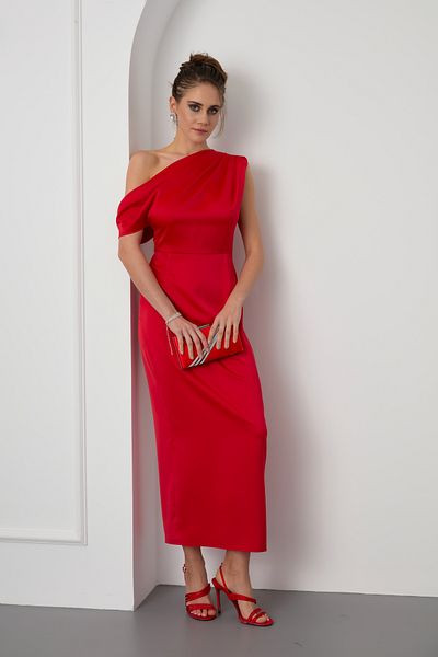 Lafaba Women's Red Degaje Collar Slit Satin Midi Dress