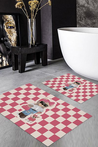 Evmila Teddy Bear Patterned Set of 2 Non-Slip Bath Mats