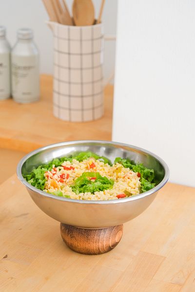 Beige & Stone Steel 22 cm Salad Contraceptive Fruit Presentation Bowl with Wooden Legs