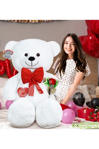 ÖZGÜNER 140 Cm Large Teddy Bear with Rose and Heart Bow Tie 100% Domestic