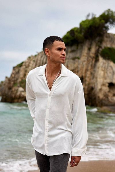 outer moda Men's White Oversize Textured Aerobin Linen Shirt