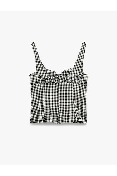 Koton Lined Gingham Gathered Bow Detailed Heart Neck Strap Blouse