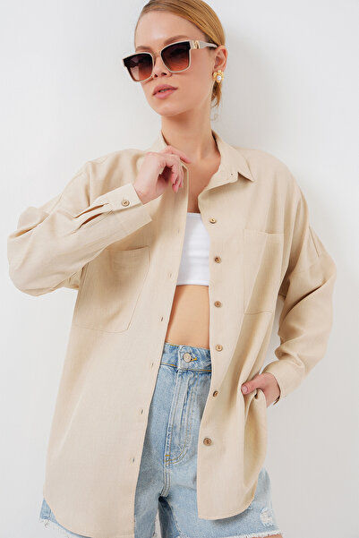 Bigdart 20126 Oversize Keten Gömlek - Bej