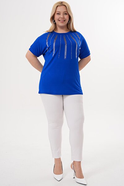 Siyezen Plus Size Blouse with Crystal Stone Detail on the Collar
