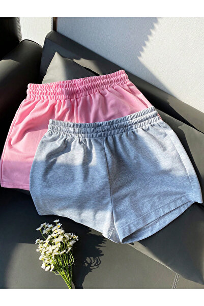 Cool Art 2'Li Pembe Gri Basic Penye Kısa Şort - Yüksek Bel Örme Cepli Kadın