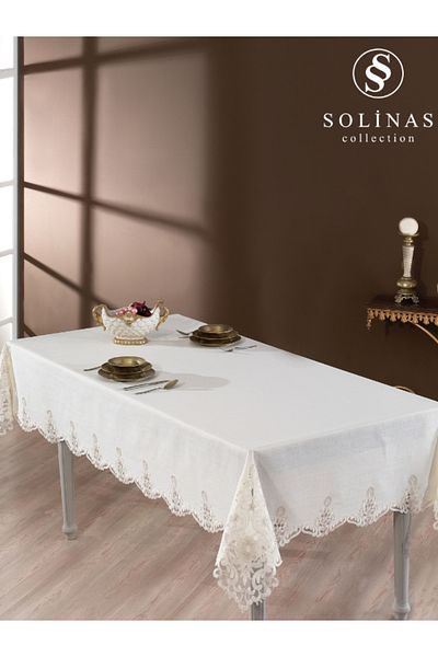 Solinas Collection Roma Linen Fabric Cream – Stone Embroidered Table Cloth