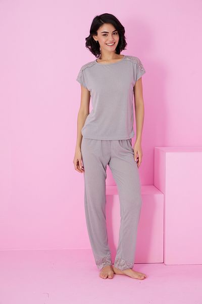 Siyah İnci Gray Soft Touch Thin Seasonal Lace Detailed Knitted Pajama Set7864