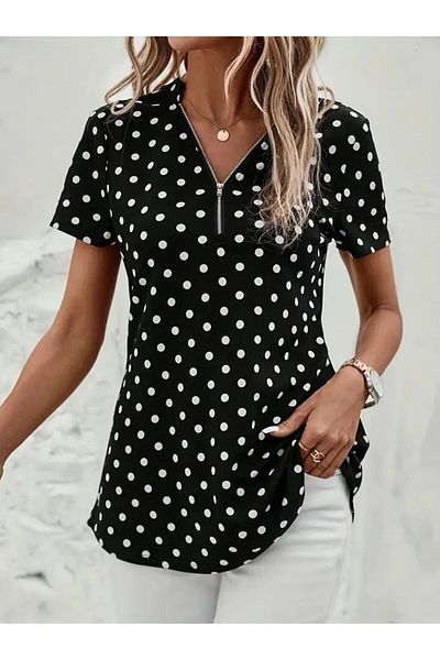 MODAVERA Women's Short Sleeve Collar Zipper Polka Dot Long Woven Viscose Blouse