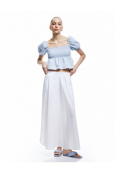 Koton Βάρκα λαιμόκοψη Gipeli Κοντό μανίκι μπαλόνι Gingham Slim Crop Μπλούζα