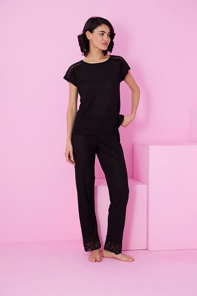 Siyah İnci Black Soft Touch Thin Seasonal Lace Detailed Knitted Pajama Suit7864