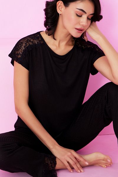 Siyah İnci Black Soft Touch Thin Seasonal Lace Detailed Knitted Pajama Suit7864