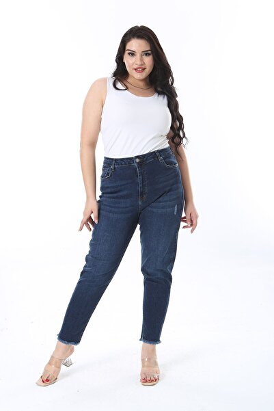 Şans Navy Blue Lycra Large Size Jeans - Ripped Detail, Skinny Leg 65n38266