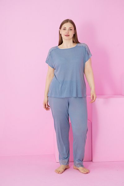 Siyah İnci Indigo Soft Touch Thin Seasonal Oversize Large Size Lace Detailed Knitted Pajama Suit7867
