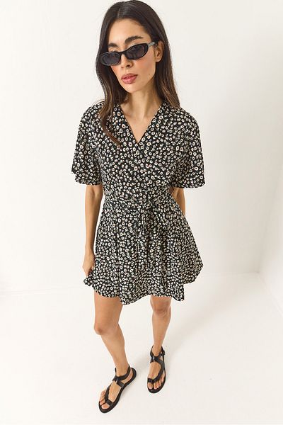 Bianco Lucci Women's Daisy Patterned V-Neck Belted Mini Dress with Shorts 60261569