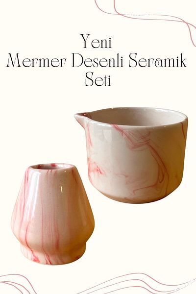 Mim and More Pink Marble Patterned Ceramic Matcha Set