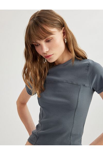 Koton Cotton Stitching Detailed Crew Neck Short Sleeve T-Shirt
