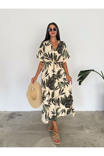 yepp Women's Double Breasted Collar, Leaf Patterned Viscose Summer Dress