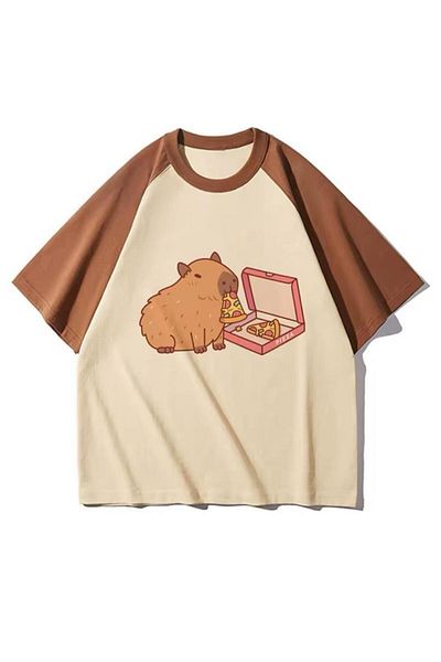 Karakedi Μπλουζάκι Unisex Καφέ Raglan Capybara Pizza