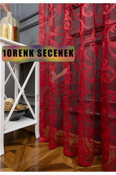 farbateks Classic Shawl Pattern Burgundy Color Pattern Design 2 Layers Pleated Tulle Curtain