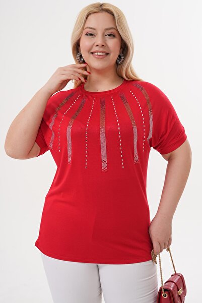 Siyezen Plus Size Blouse with Crystal Stone Detail on the Collar
