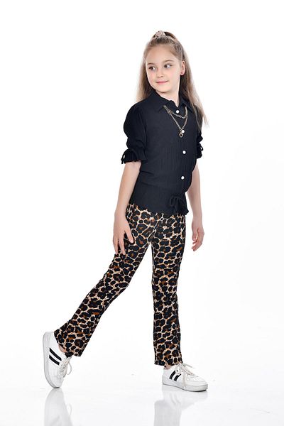 Kamex Leopard Half Sleeve Necklace Blouse Set