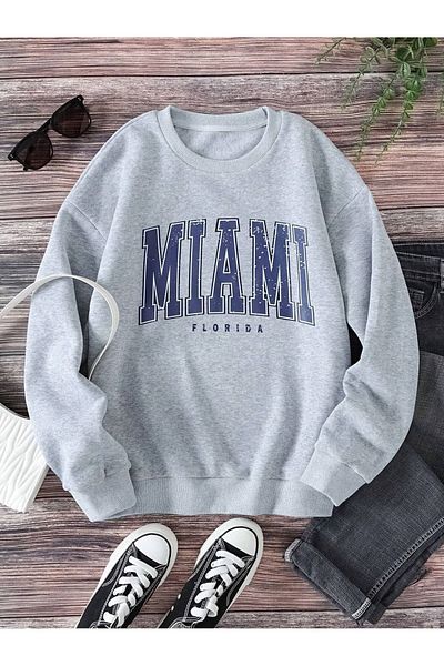 DUBU BUTİK Miami Florida Sweatshirt - Gray Printed Oversize Crew Neck