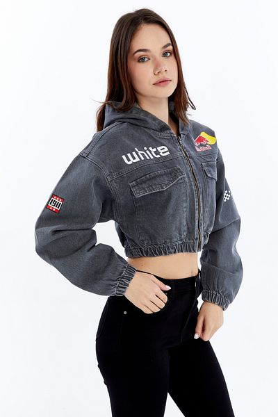 CHOS7N Women's Printed Hooded Denim Jacket Front Large Two Pockets Waist and Sleeve Elastic Bomber Coat Jacket