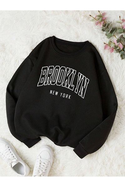 DUBU BUTİK Μπλούζα Brooklyn New York - Μαύρη στάμπα Oversize Crew Neck