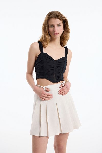 Quzu Black Lace Detail Draped Crop Blouse