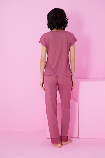 Siyah İnci vişne Soft Touch İnce Mevsimlik Dantel Detaylı Örme Pijama Takım7864