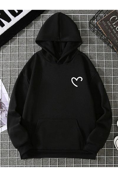 DUBU BUTİK Half Heart Sweatshirt - Black Printed Oversize Hoodie