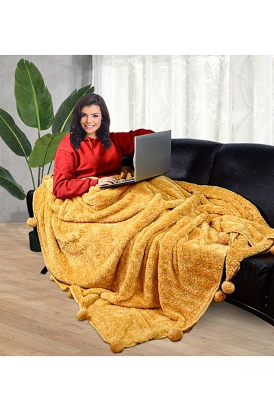 Özgüner Oyuncak 200*220 Cm Plush Double Blanket with Pompom (100% Local)