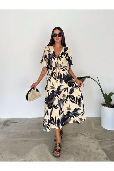 yepp Women's Double Breasted Collar, Leaf Patterned Viscose Summer Dress