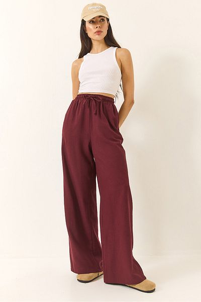 Bianco Lucci Pantaloni de jogging largi, din in, cu buzunare, cu detaliu de cravată, pentru femei, 3235 60281035