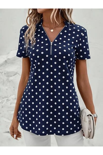 MODAVERA Women's Short Sleeve Collar Zipper Polka Dot Long Woven Viscose Blouse