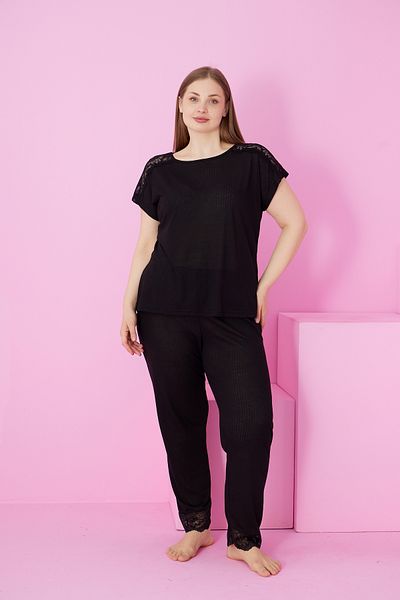 Siyah İnci Black Soft Touch Thin Seasonal Oversize Large Size Lace Detailed Knitted Pajama Suit7867