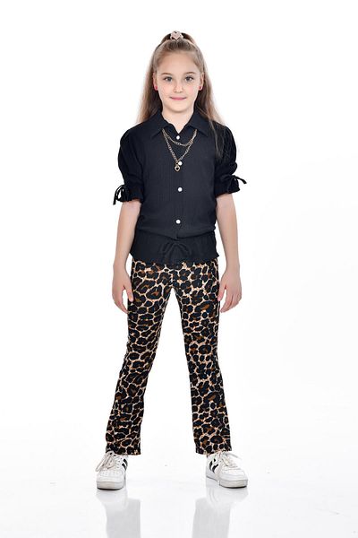 Kamex Leopard Half Sleeve Necklace Blouse Set