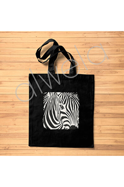 ALWELA Zebra Yüzü Desen Baskılı Omuz Askılı Siyah Bez Çanta 35x40 CM