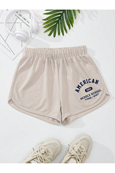 coolart Bej America 1983 Penye Kısa Şort - Baskılı Yüksek Bel Örme Cepli Kadın