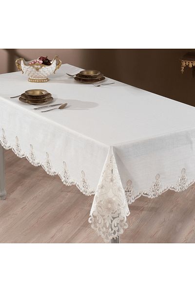 Solinas Collection Roma Linen Fabric Cream – Stone Embroidered Table Cloth