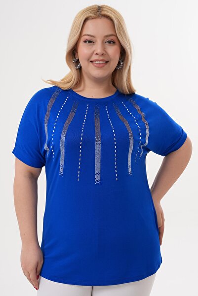 Siyezen Plus Size Blouse with Crystal Stone Detail on the Collar